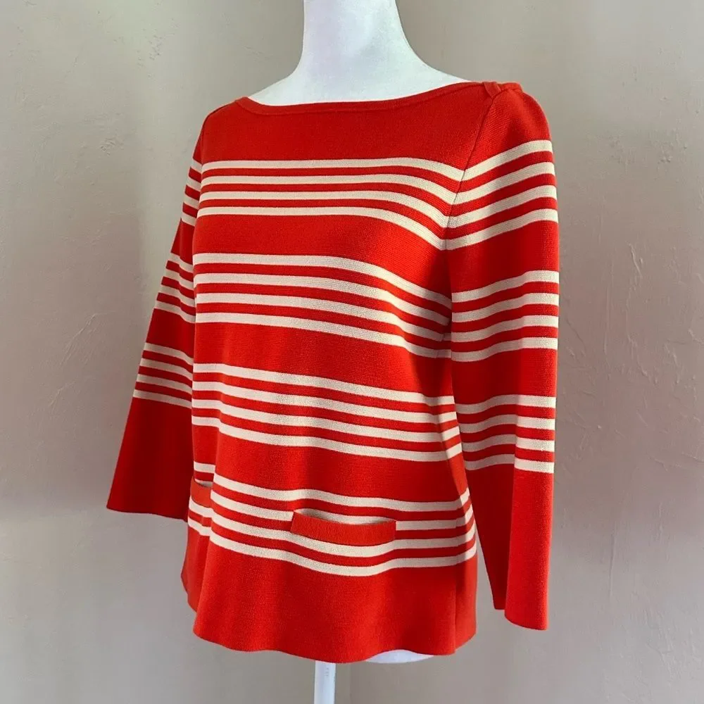 J. Crew Boatneck Popover Sweater in Orange Knit w/ Cream Stripes Pockets Size S